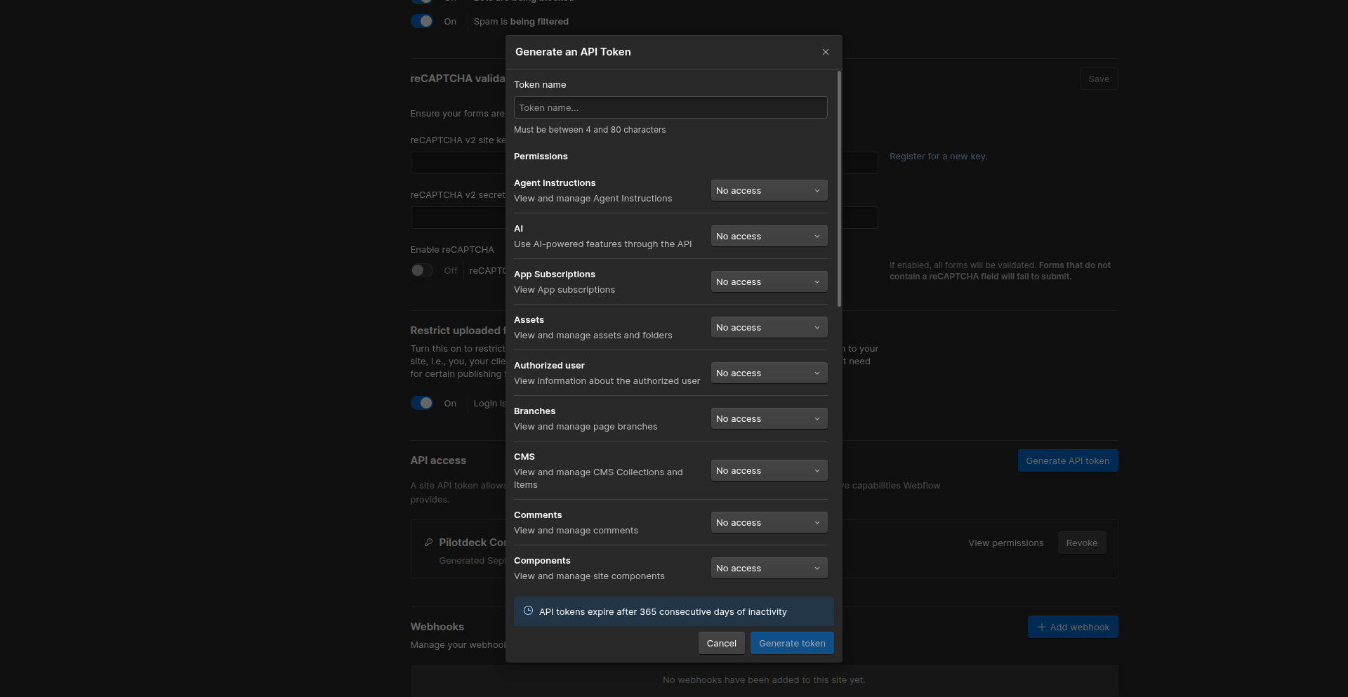 Generate an API token dialog